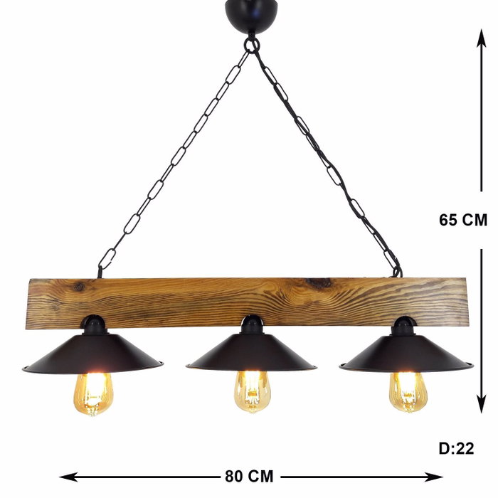 Opviq Lámpara de araña de tres luces en pino macizo Nogal y Negro